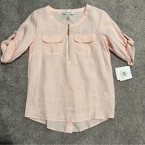 Ellen Tracy Linen Pink Size S Top 3/4 Roll Tab Sleeves, Cottage, Coastal NWT